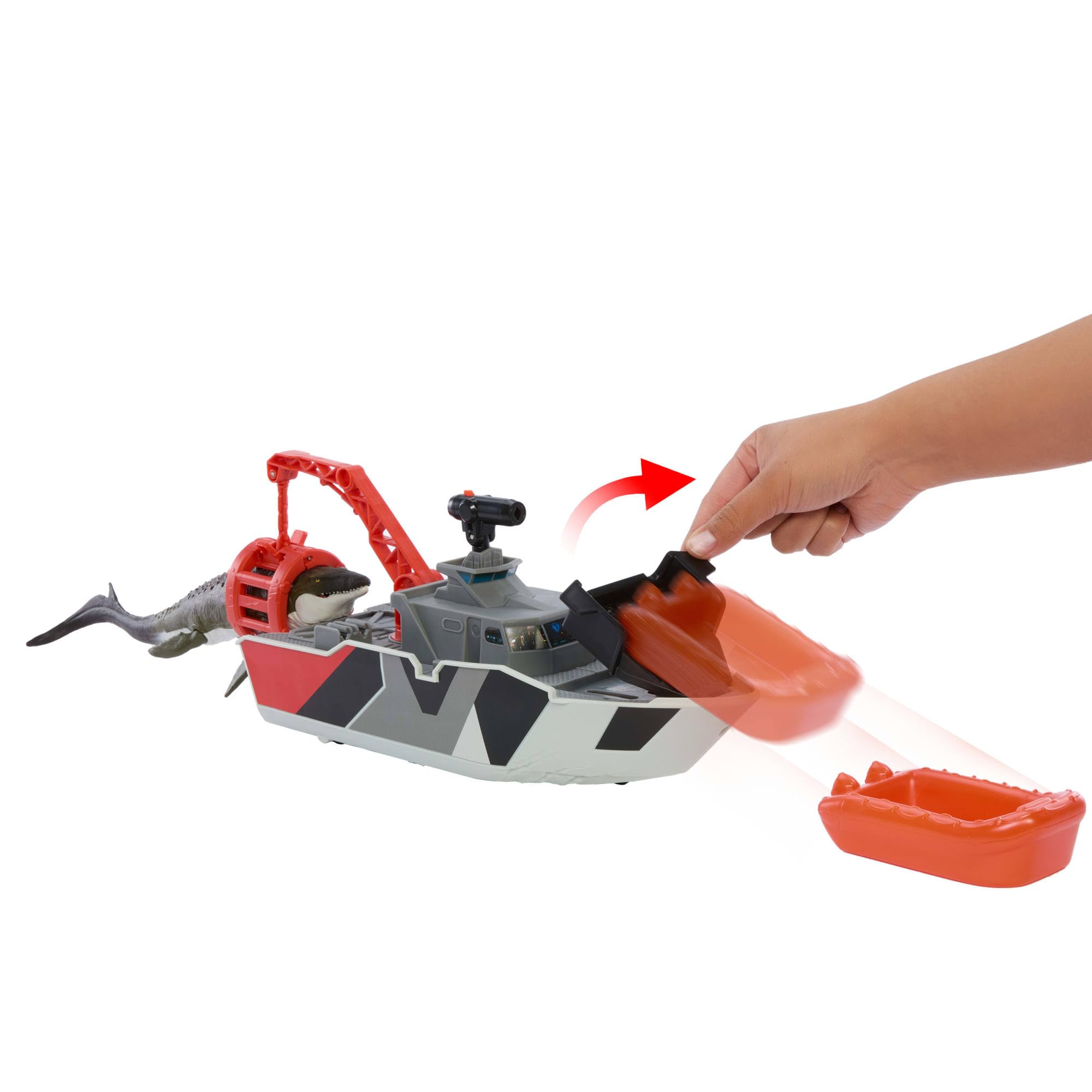 Matchbox Spielzeugauto-Set, Jurassic World 32 cm Dino-Boot mit 33 cm Mosasaurus-Dinosaurier, Die-Cast-Jeep im Maßstab 1:64, Harpunen-Geschosse und abnehmbares Rettungsboot