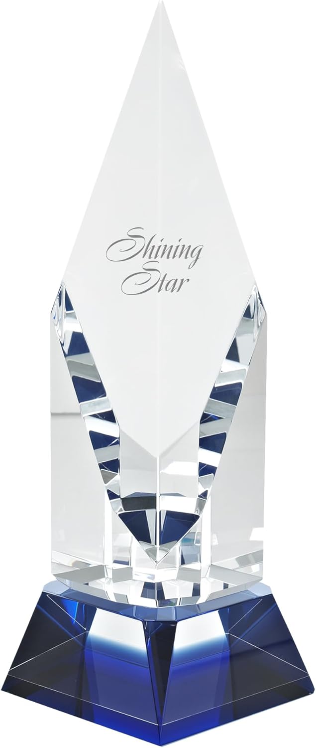 Baudville Custom Engraved Luminary Crystal Trophy Award - Blue Highlights - Comes with Elegant Black Gift Box