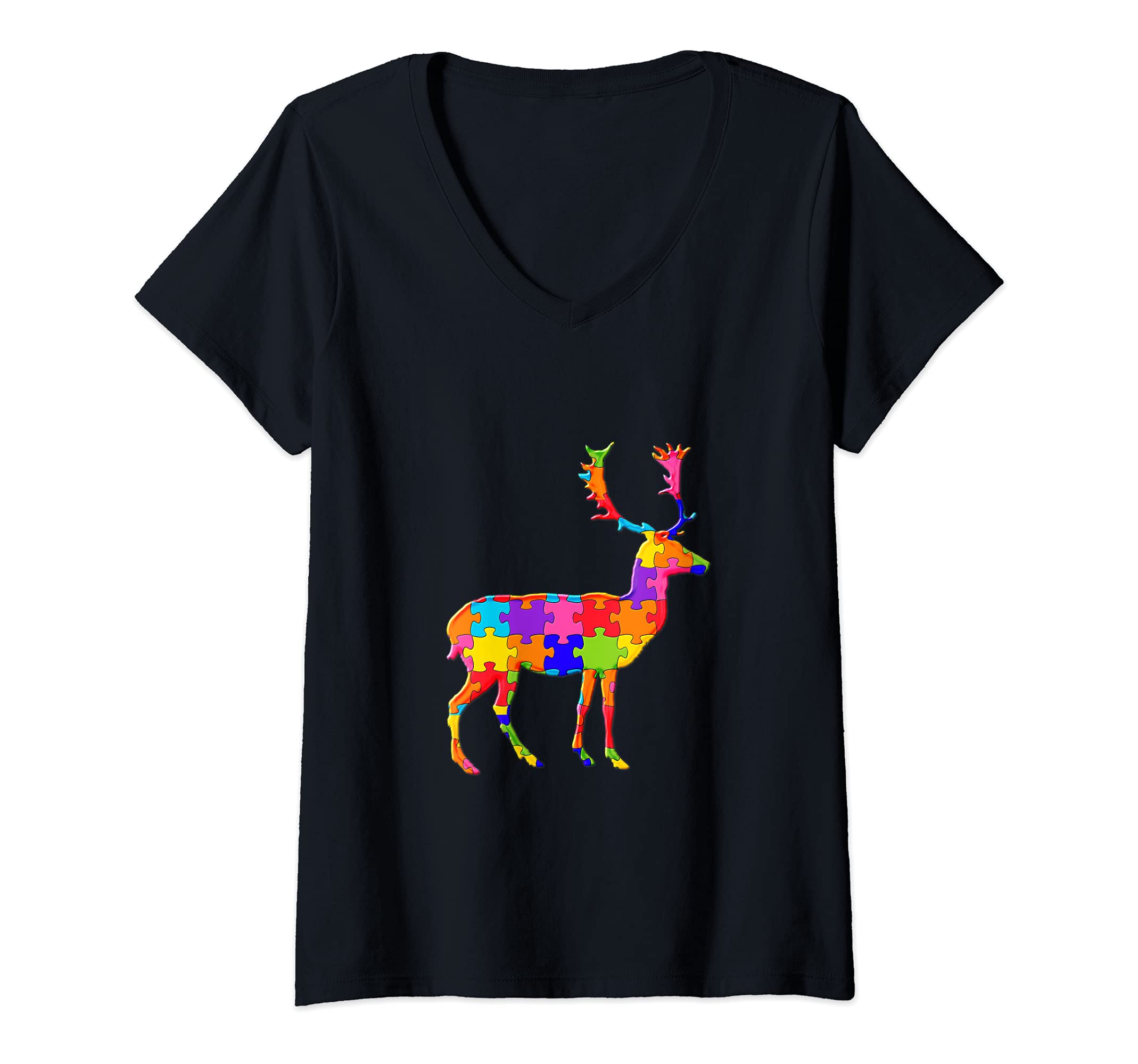 Womens Reindeer Deer Moose Antler Jigsaw Autism Puzzle V-Neck T-Shirt