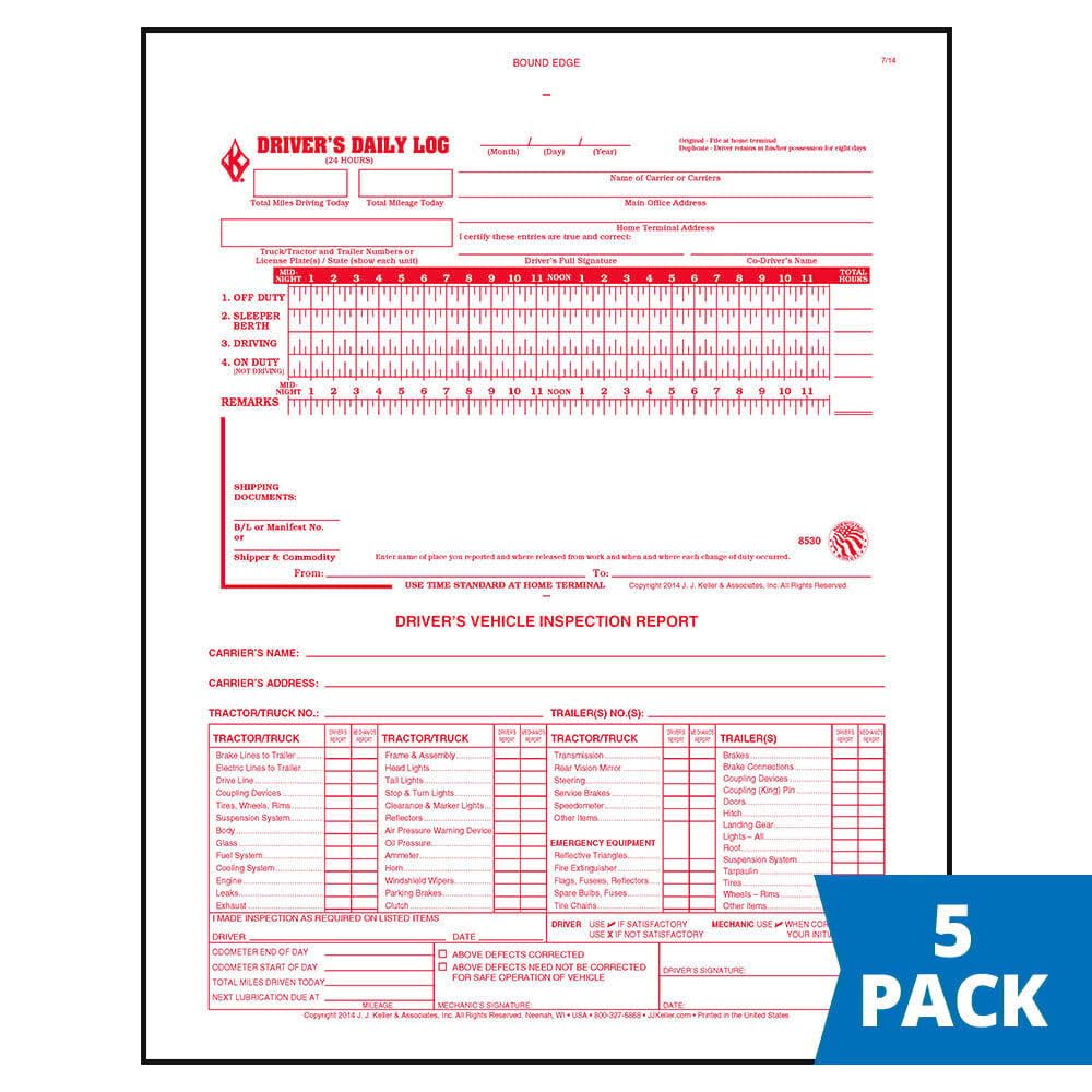 J. J. Keller & Associates 2-in-1 Fahrtenbuch mit detailliertem Inspektionsbericht für Fahrer, 2-lagig, selbstdurchschreibend, 21,6 x 27,9 cm, 31 Formular-Sets pro Buch, 5 Stück