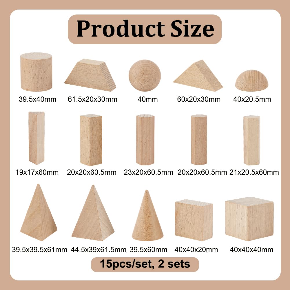 NBEADS 30pcs 3D Shapes Geometric Solids, Wooden Craft Blocks Cylinders Wooden Geometric Shapes Math Learning Geometry Manipulatives for, Mixed Size - Image 2