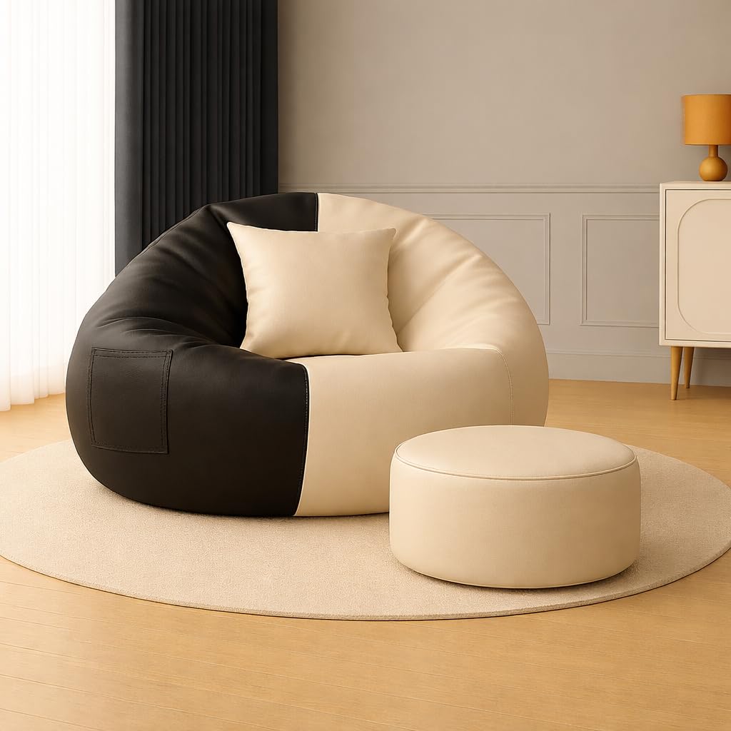 SHIRA 24 4XL Bean Bag Cover with Footrest & Cushion (Without Beans) (Black::Cream, XXXXL)-image-37