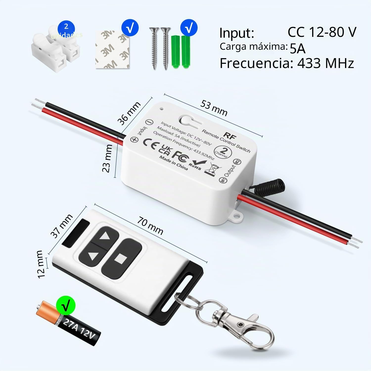 Control Remoto Inalámbrico 12V 24V 48V 80V para Motor DC Actuador Lineal Puertas Garaje Persianas Mando Bidireccional 2 Unidades