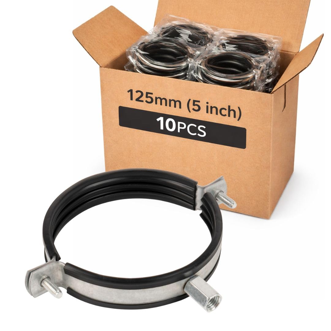 10 Pcs Pipe Clamp 125mm - 5 inch Pipe Hanger - Galvanized Steel Mounting Bracket - Duct Clamp with Rubber Gasket and M8/M10 Thread - Metal Support Brackets for Ducting HVAC System