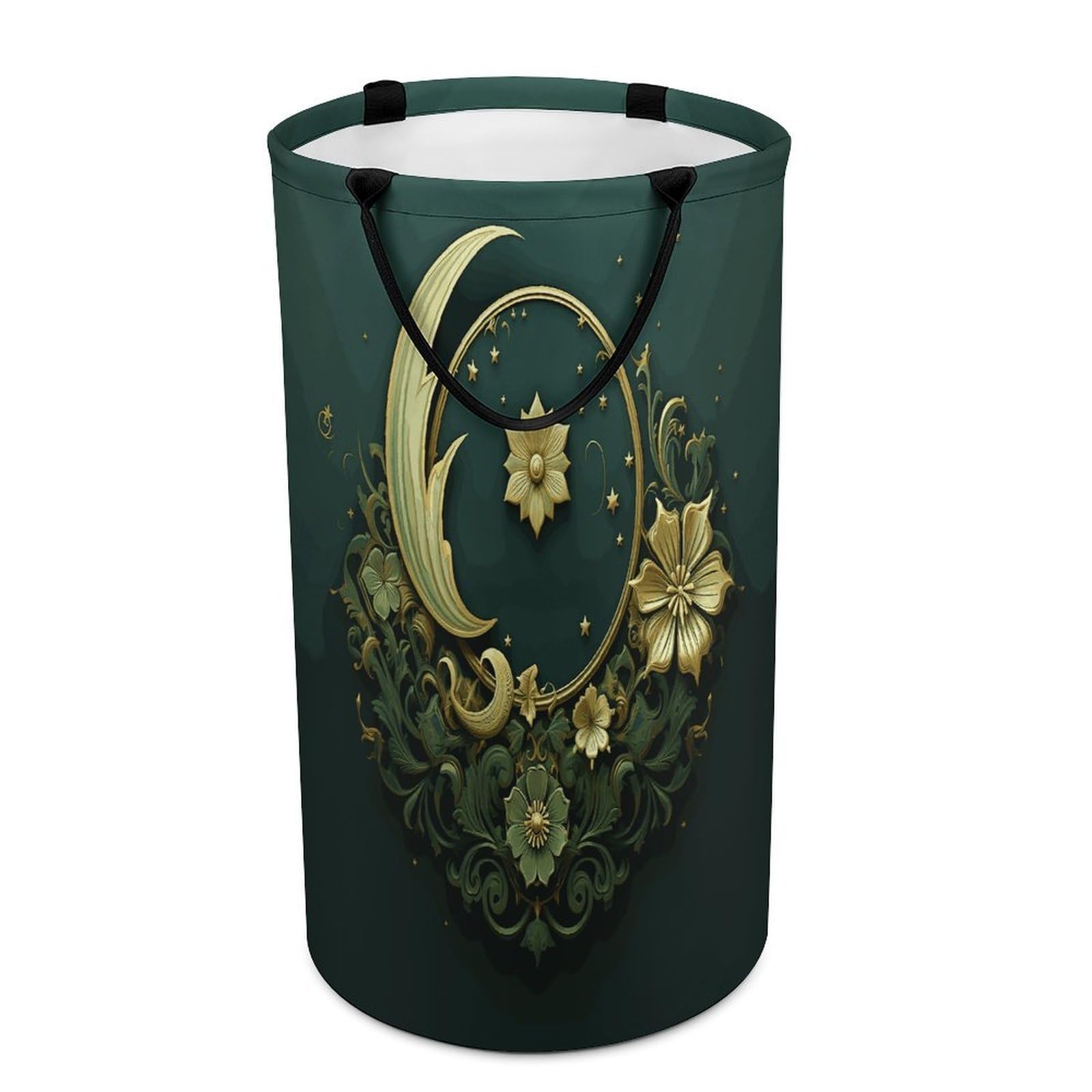 Ramadán sobre papel pintado verde cesta para la colada, bolsa grande para ropa sucia. Cesta de almacenamiento para asas de fácil transporte. Cesta grande para ropa con asas, cubo de almacenamiento de