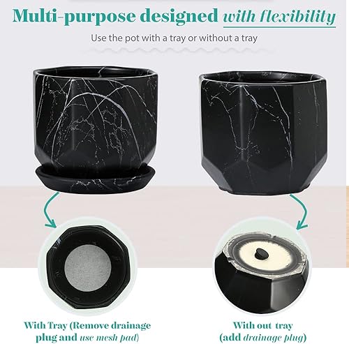 Miniatura 10 de Maceta negra con agujeros de drenaje y platillos, macetas de cerámica para plantas de interior y exterior, macetas sostenibles esmaltadas a mano de