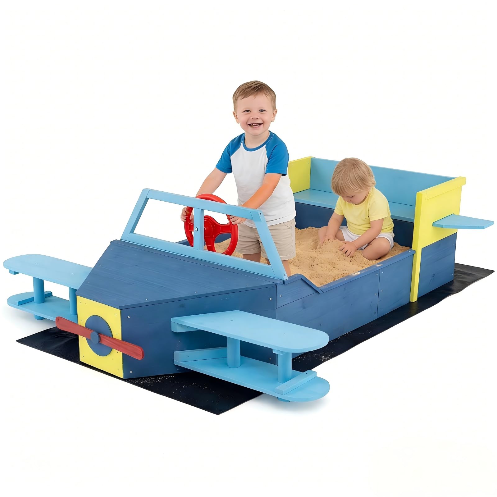 HONEY JOY Glider-Shape Kids Sandbox, Fir Wood Sand Box w/Bottom Liner, Bench, Propeller, Rotatable Rudder & Side Wings, Outdoor Sand Pit for Backyard,