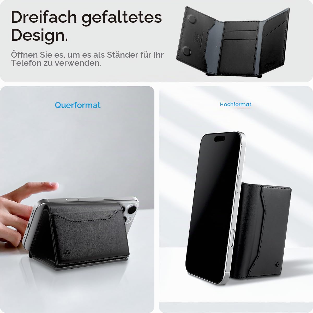 Spigen Valentinus S MagFit Magsafe Wallet 7 Kartenfächer, Geldscheinfach, Apfelleder, RFID-Schutz, Multifunktionaler Ständer für iPhone 17/16/15, MagSafe-Modelle, Google Pixelsnap - Schwarz
