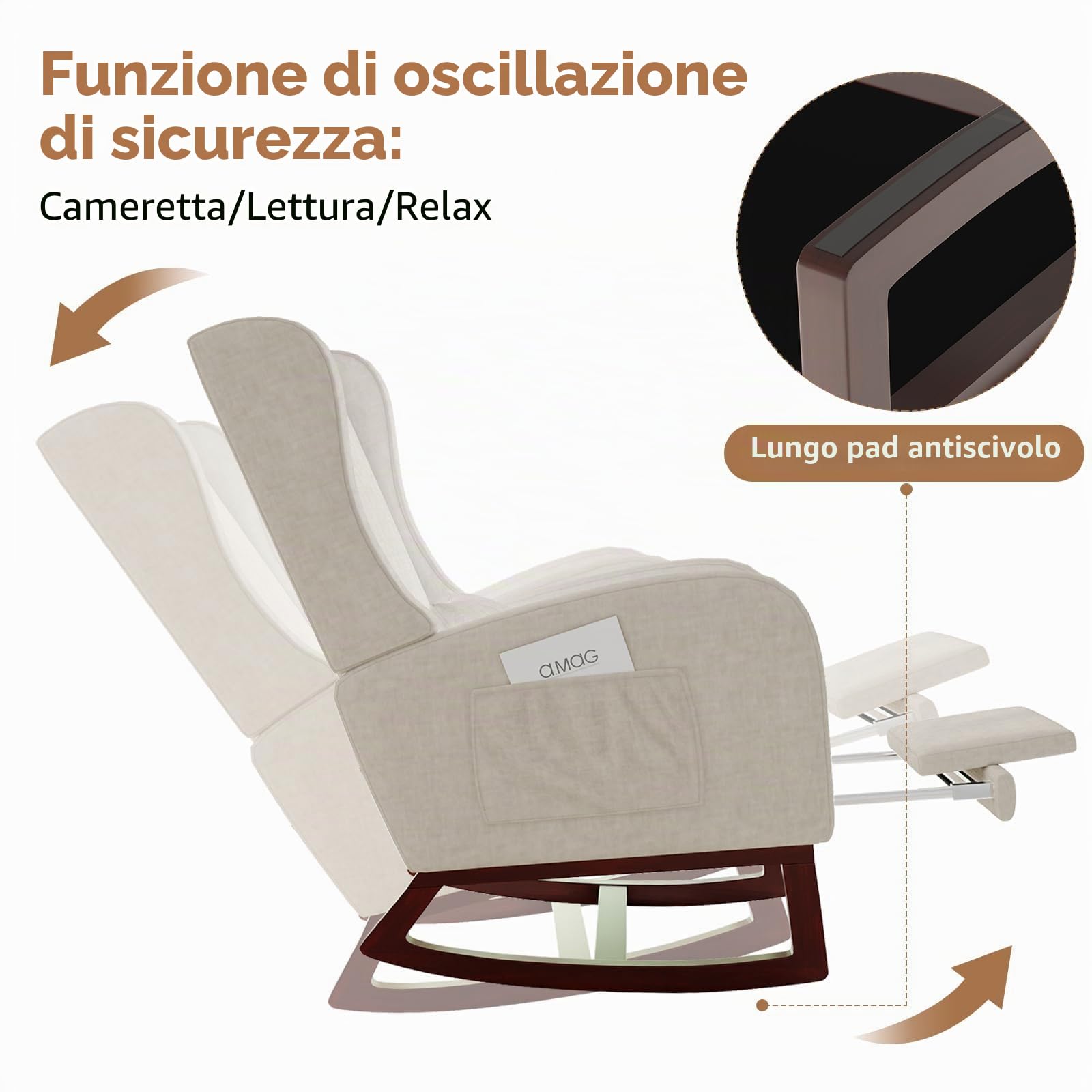 Poltrona a Dondolo Ergonomica, con Braccioli e Tasche Laterali, Sedia da Allattamento con Cuscini, Struttura in Legno Massello, Chaise Longue per Soggiorno o Camera da Letto (Beige)