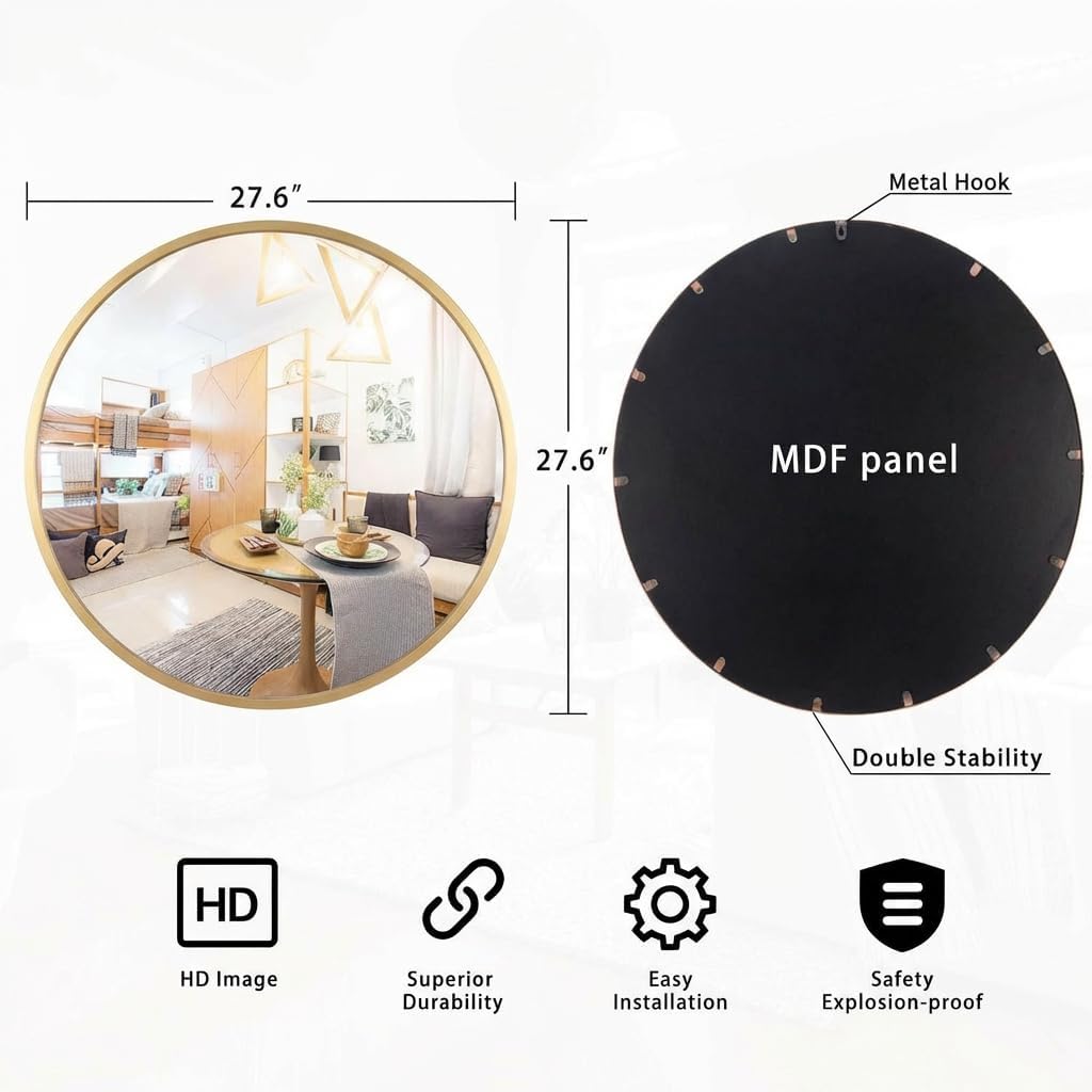 VVK Large Round Circle Mirror- 27.6" Modern Vanity Mirror Bronze Brushed Metal Frame Floating Round Glass Panel Decorative Mirror for Wall,Bedroom,Bathroom,Living Room,Kitchen,Entryway(Gold)