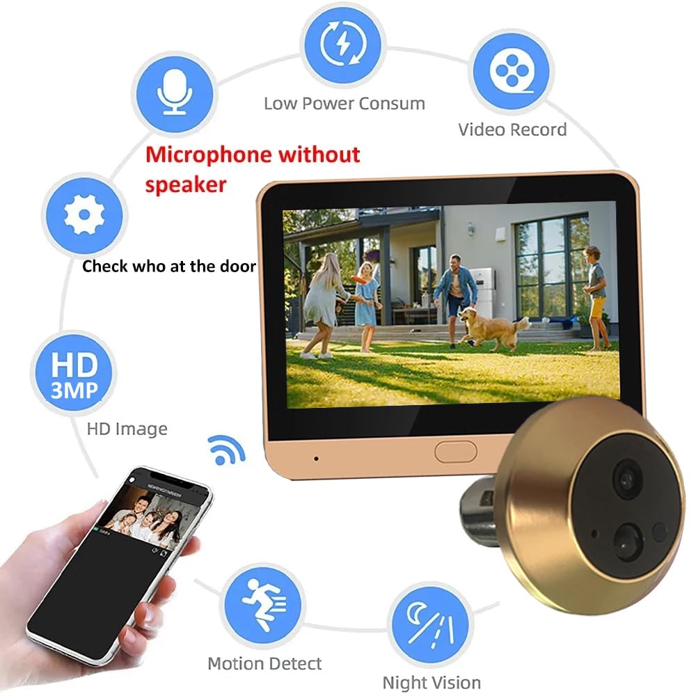 DG3 Spioncino Digitale a Batteria 1296P con MicroSD da 32GB, Video Spioncino Senza Fili con Schermo a Colori da 4,3",Grandangolare 140°,5000 mAh, WiFi 2.4 GHz, Senza Altoparlante,Rilevamento Movimento