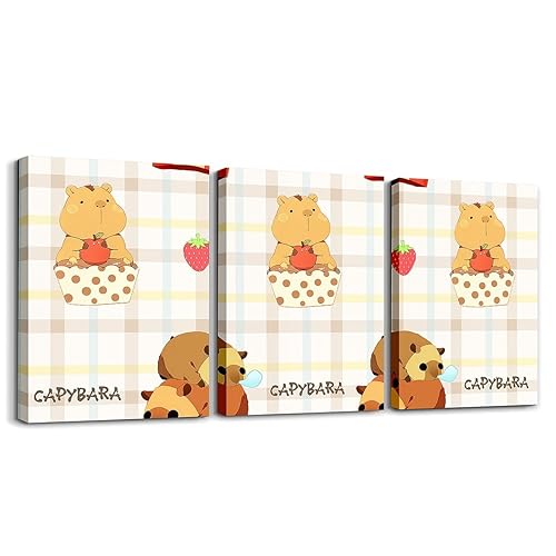 Cute Capybara Canvas Wall Art Set of 3,Lovely Rodents Paintings