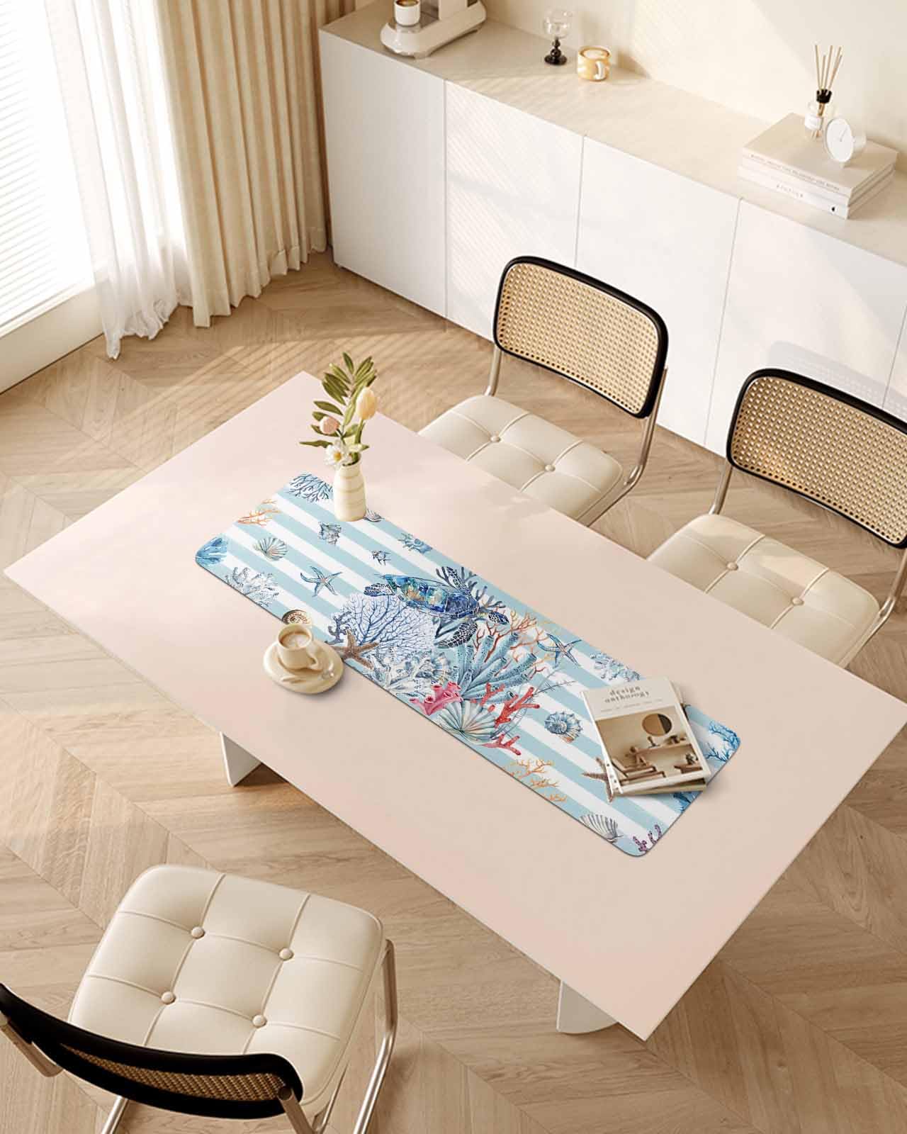 Debedcor Heat Proof Table Pads Waterproof Decorative, Sea Turtle Coastal Non-Slip Table Countertop Protector, Nautical Coral Ocean Blue Stripes Insulation Mat for Kitchen Room, 40 x 12 Inches