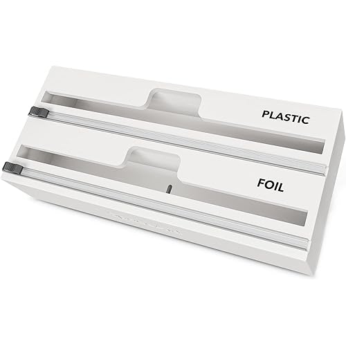 SpaceAid WrapNeat 2 in 1 Wrap Organizer with Cutter and Labels, Plastic Wrap, Aluminum Foil and Wax Bamboo Dispenser for Kitchen Storage Organization Holder for 12" Roll (White)