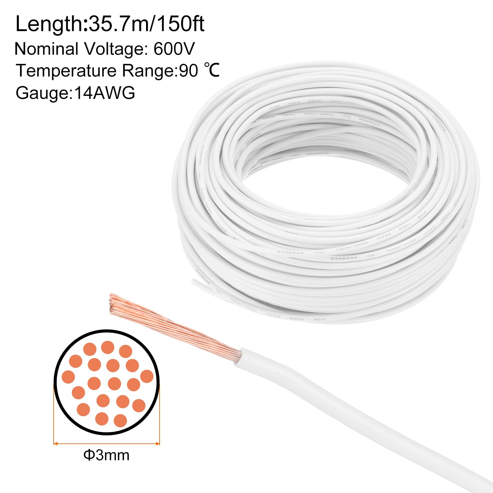 QUARKZMAN Cable Eléctrico Aislado Cobre Trenzado 14 AWG 150 Pies Cable Conexión THHN Cable Para Timbre Cableado Industrial Cableado Para Remolques Para 600 Voltios Listado UL Blanco