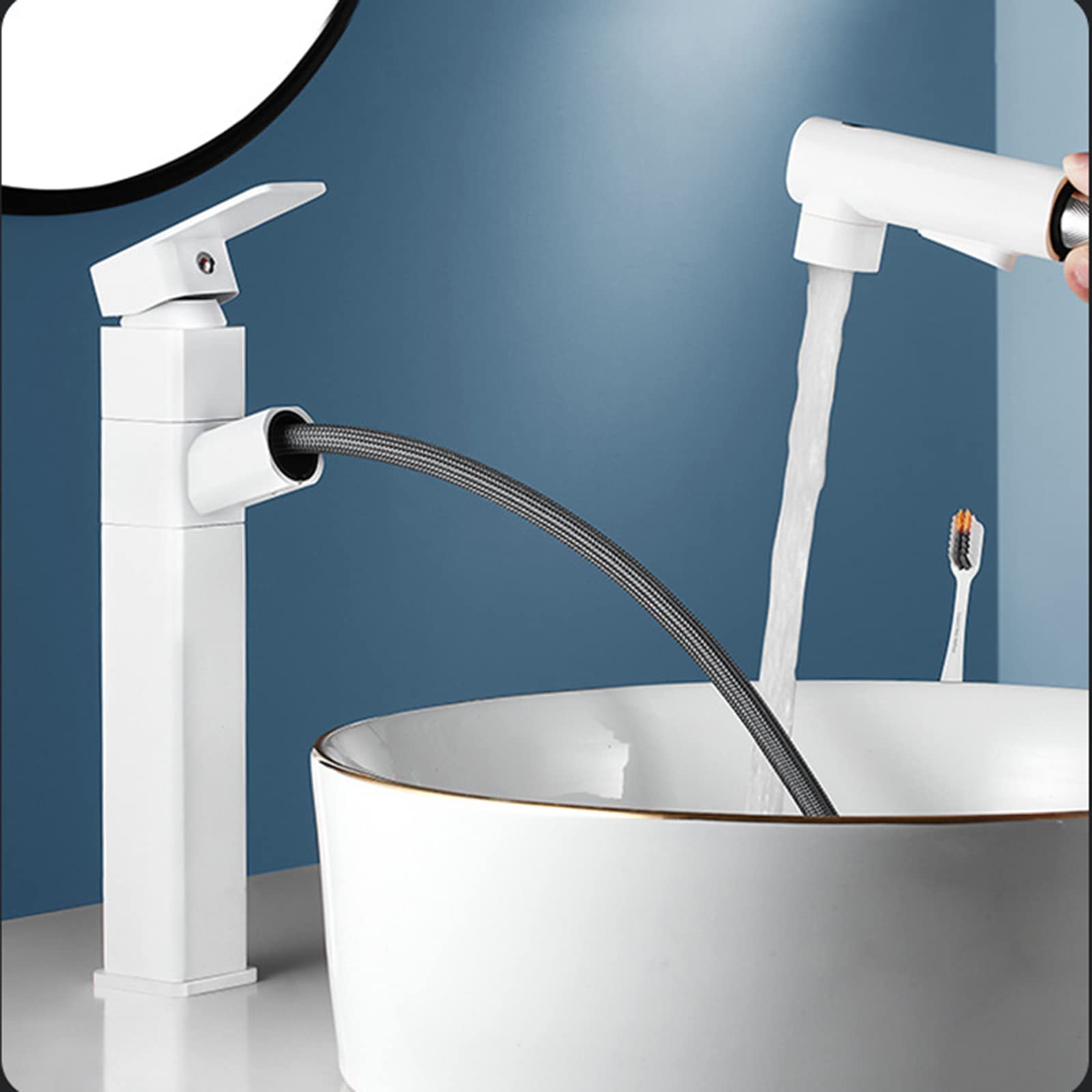 Generico Rubinetto da Bagno Miscelatore Girevole con Doccetta Estraibile per Lavabo da Cucina E Bagno Cromato Quadrato Alto