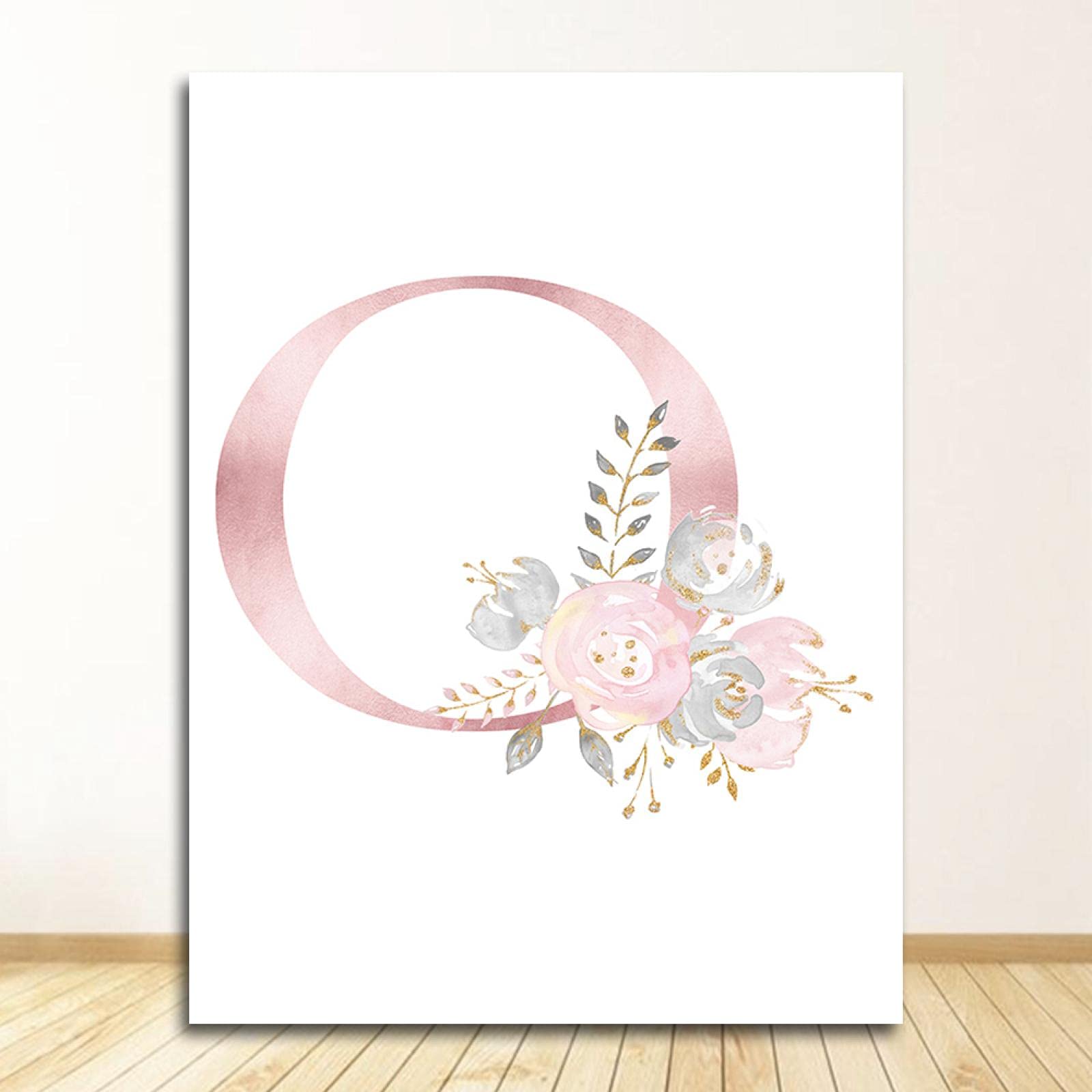 Pink English letter O Posters Canvas Art Baby Name Custom Painting Flowers Pictures Nursery Impresiones personalizadas Girls Room Wall Decor 60x90cm Sin marco