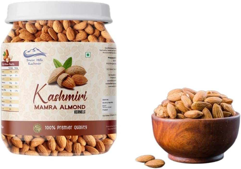 Snow Hills Kashmir Mamra Almonds Without Shell | 100% Natural & Organic Sourced Kashmiri Badam | Organic Raw Almonds Badam Dry Fruit, High Protien Snack and Super Healthy Nuts for Gift Favors- 250 Gram (0.56 lb)