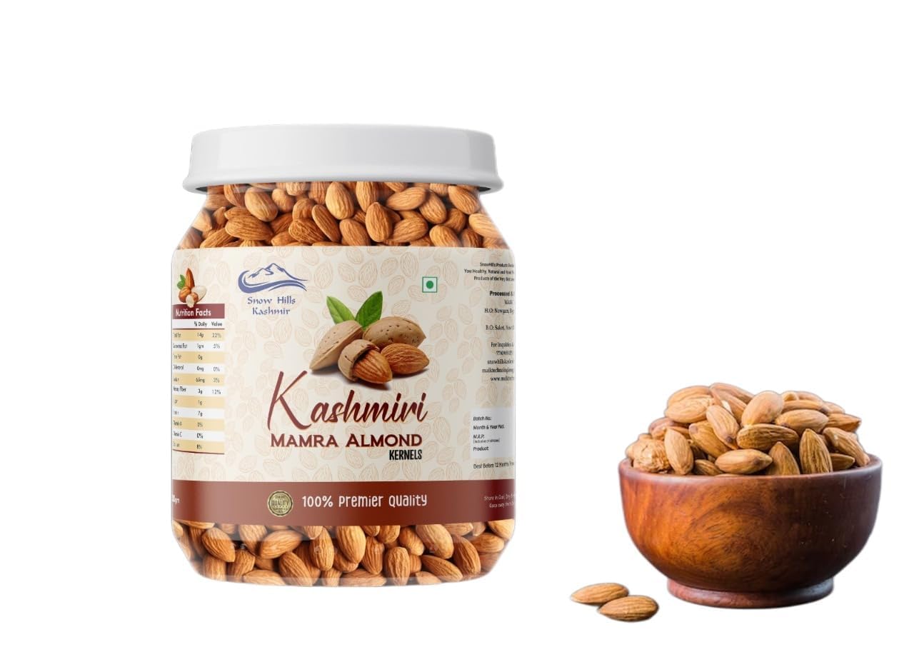 Snow Hills Kashmir Mamra Almonds Without Shell | 100% Natural & Organic Sourced Kashmiri Badam | Organic Raw Almonds Badam Dry Fruit, High Protien Snack and Super Healthy Nuts for Gift Favors- 250 Gram (0.56 lb)