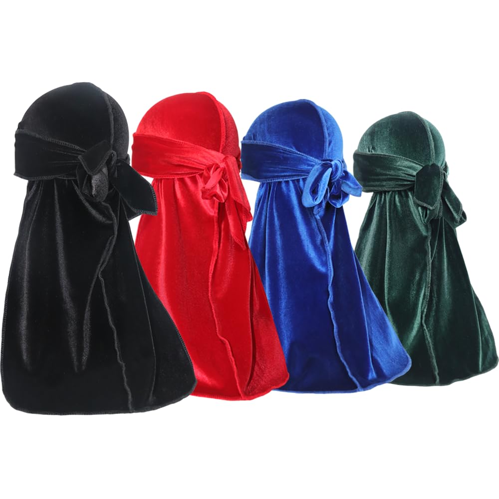 ForceWave Velvet Durags for Men Premium Du Rags Pack of 4 for Men Women with Long Tail and