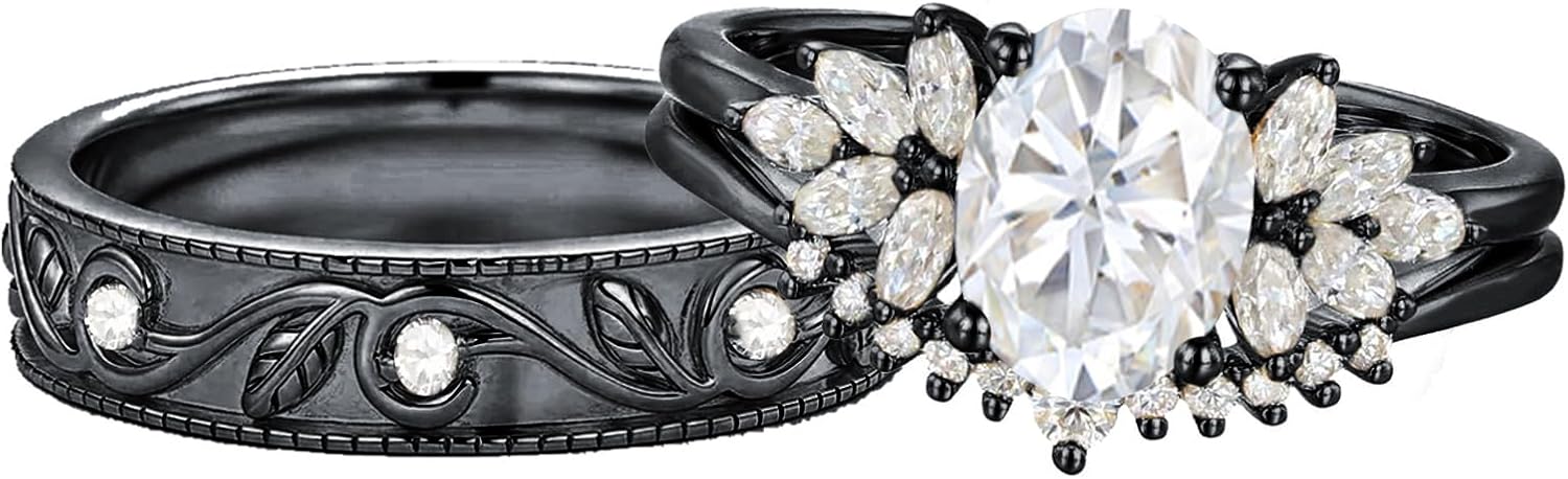 Moissanite Couple Wedding Ring Set for Her and Him S925 Silver 10K 14K 18K Yellwo/Black Gold Moissanite Couple Matching Engagement Ring Set for Men and Women 3pcs Anniversary Bridal Rings Sets