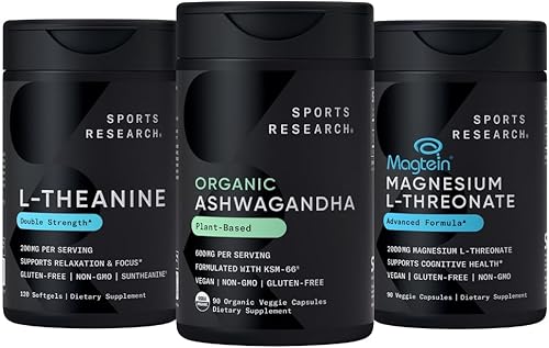 Sports Research Paquete de sueño Ashwagandha orgánica Adaptógeno para relajación, calma y apoyo al sueño 600 mg + cápsulas de L-treonato de
