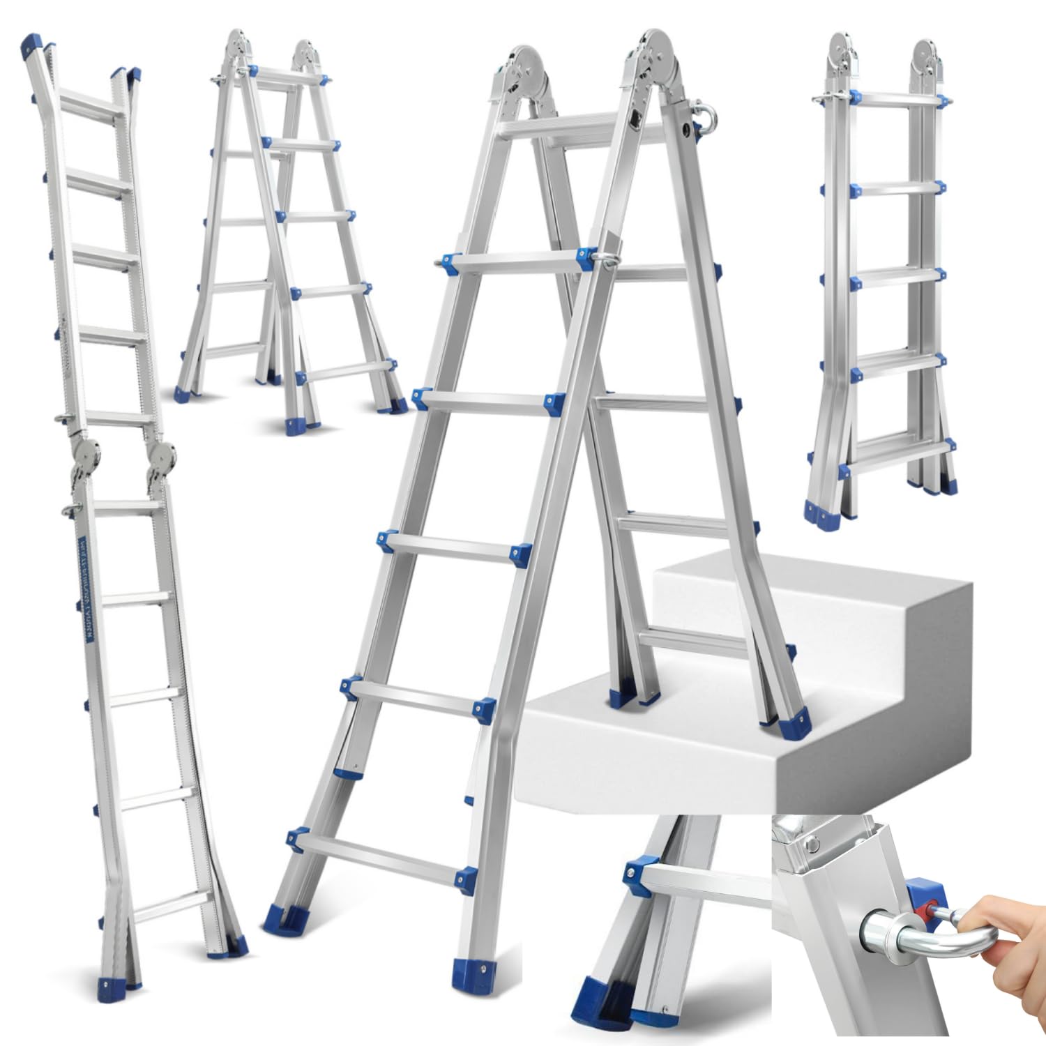Fiqops Teleskopleiter 5.1M x 5 Stufen Ausziehleiter Rutschfester Alu Klappleiter, 150 KG/330LB Belastbarkeit Mehrzweckleiter,Ausziehbare Leiter Aluminiumleiter