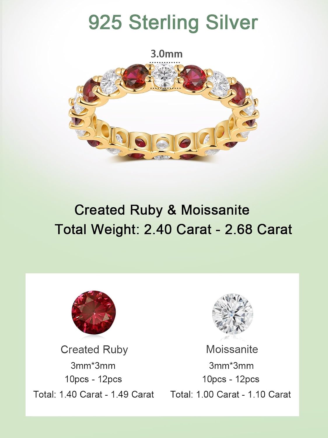 FWM Moissanite and Sapphire/Ruby/Emerald Full Eternity Rings for Women, Solid 925 Sterling Silver, Yellow Gold Plated, Anniversary Birthday Mothers Day Jewelry Gift, Stackable Wedding Ring, Size 5-9