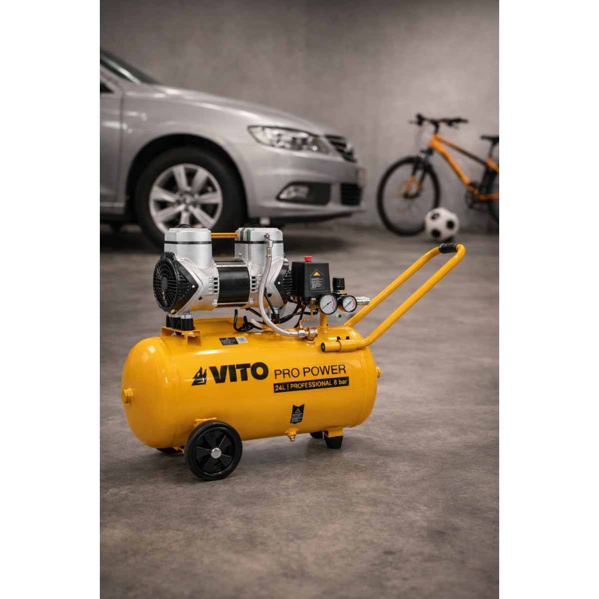 Vito – Compresor de aire portátil silencioso 24L 2CV / 1,5 kW inflador neumáticos para coche, astillero sin aceite, 8 bar