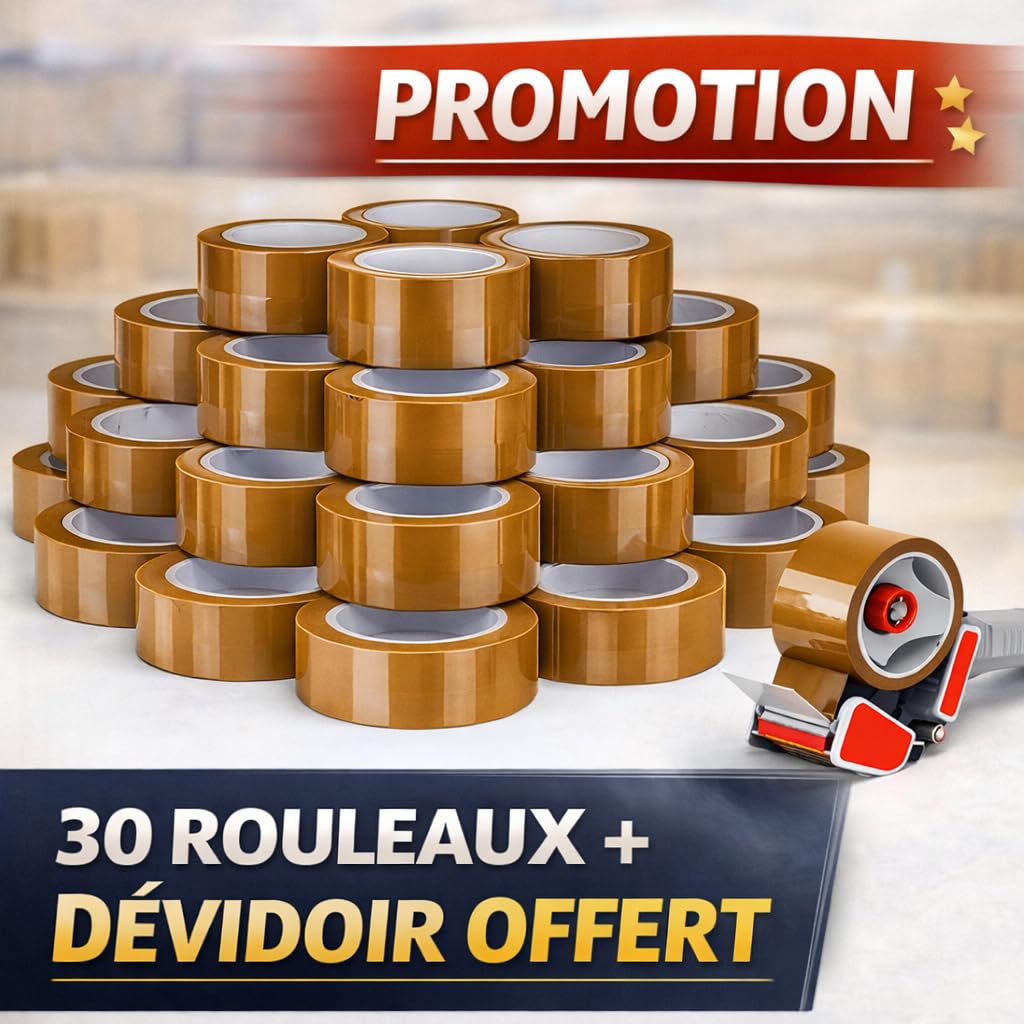 Ruban Adhésif Emballage Marron 50 mm x 66 m – Lot de 30 Rouleaux + Dévidoir Offert – Adhésif Polypropylène 42 microns – Ruban Adhésif pour Cartons, Déménagement, Colis, Stockage et Expédition