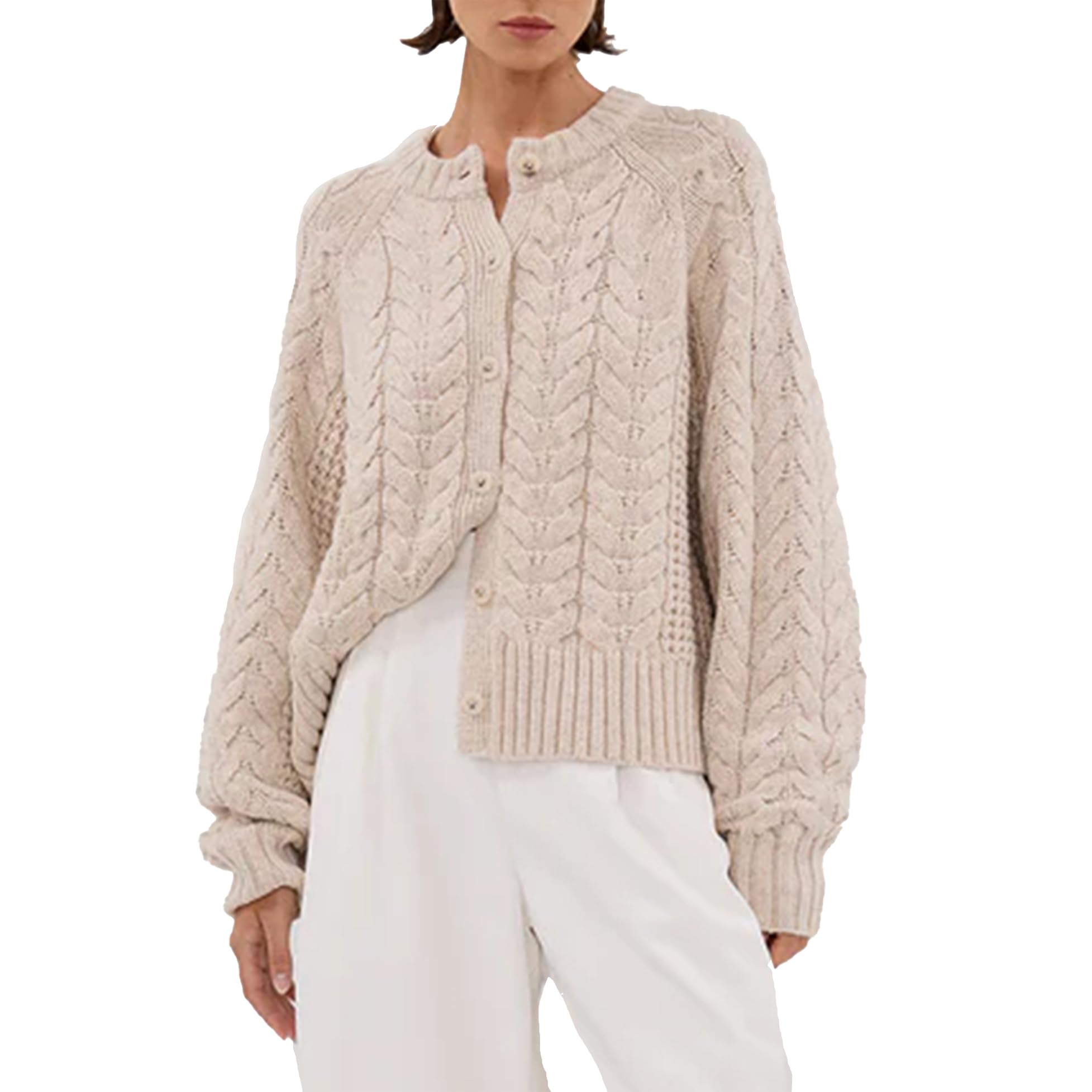 Cardigan Sweaters for Women Slouchy Crew Neck Cable Knit Cardigans Button Down Puff Sleeve Chunky Sweaters