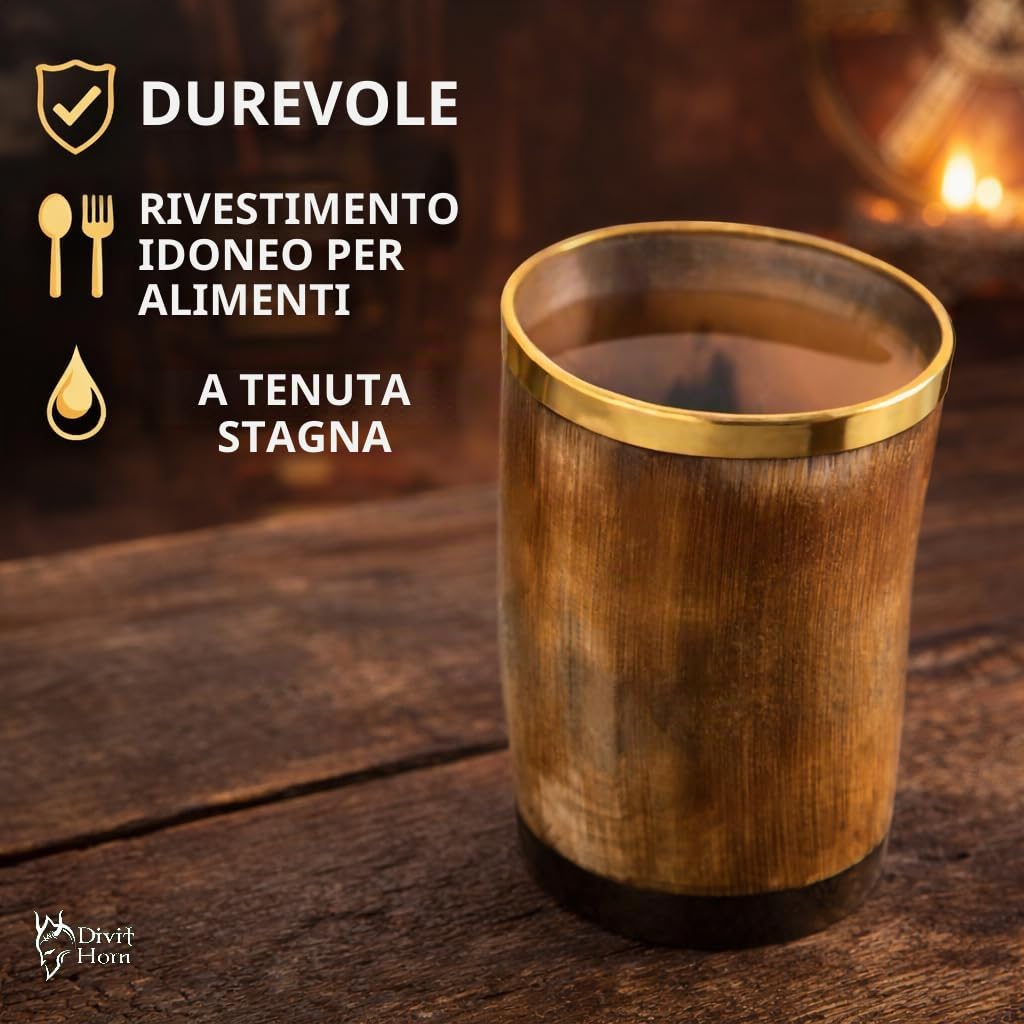 Bicchierini Vichingo in Corno Autentico | Bicchierini con Coperchio per Birra Autentico e Medievale | capienza di 130 ml (4.5 oz) | Bicchierini in Corno della Migliore qualità