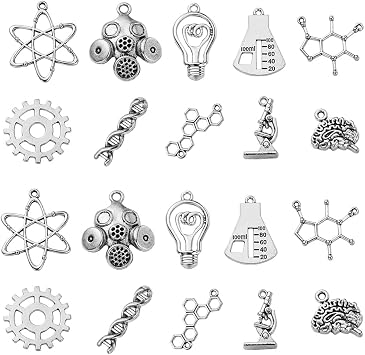 KitBeads 100pcs Tibetan Science Charms Mixed Styles DNA Brain Light Bulb Microscope Lab Theme Biology Chemistry Charm for Jewelry Making Bulk