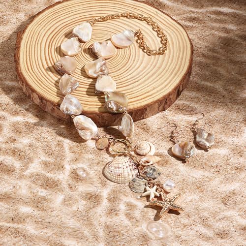 Coiris Natural Seashell Choker Necklaces Earrings Jewelry Set for Women Starfish Shell Freshwater Pearl Collar Necklaces for Women Irregular Mother of Pearl Jewelry Set4