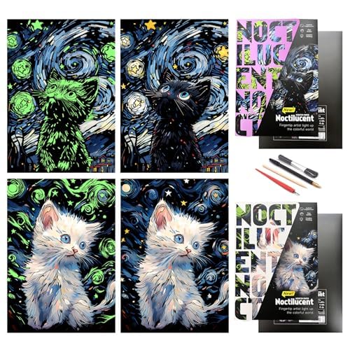 DESINIK Scratch Painting Art Paper for Adults,Creative DIY Art Craft Gift Scratch Rainbow Painting Luminous Paper Set including 4 Tools 16''x11''(Cat Series)