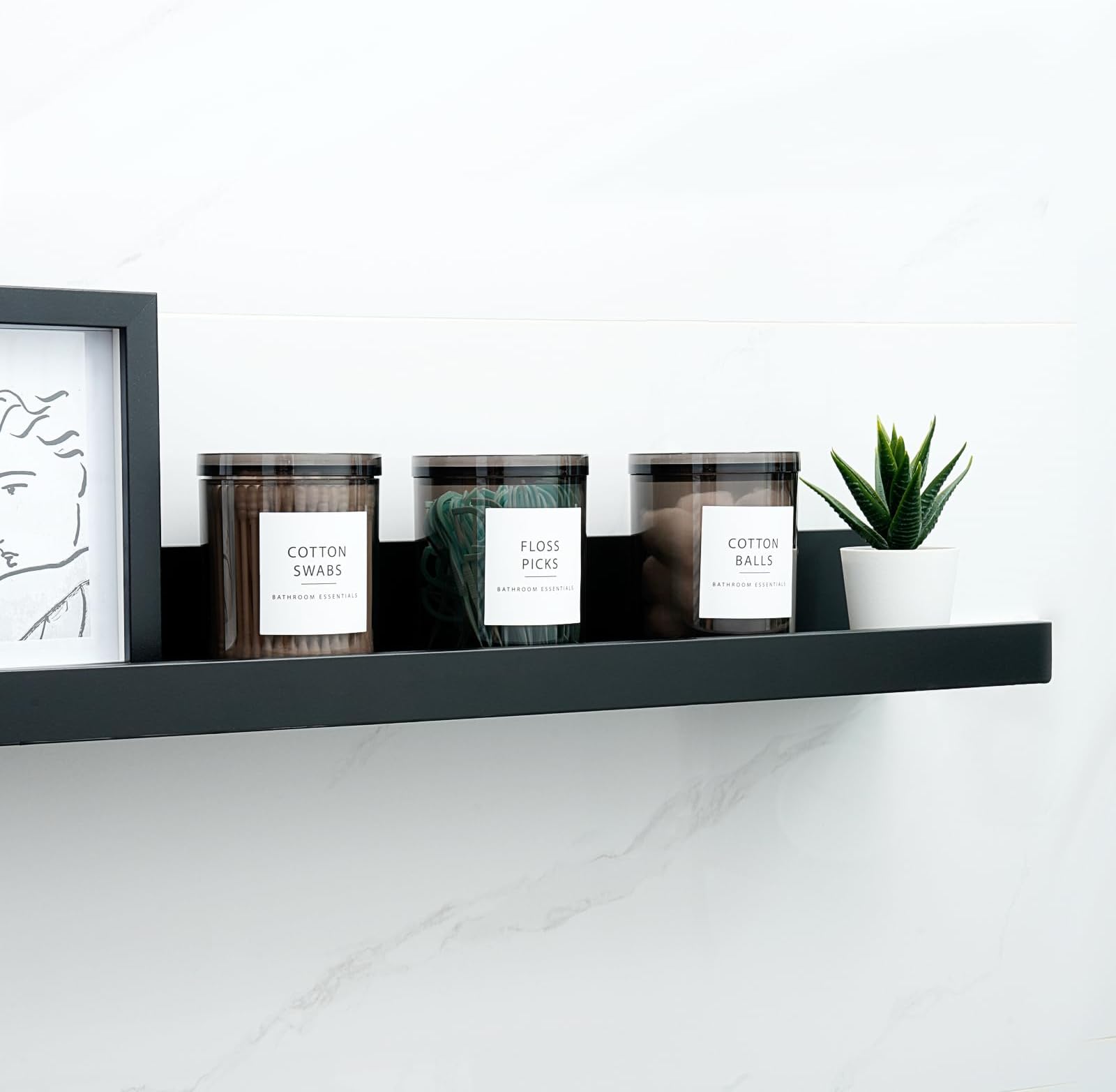 SheeChung Qtip Holder Dispenser Stackable Apothecary Jars with Storage Lids for Cotton Swabs, Balls, Pads, Floss Picks-2 Pack Acrylic Canister Black Bathroom Accessories Decor, Vanity Organizer (10oz)