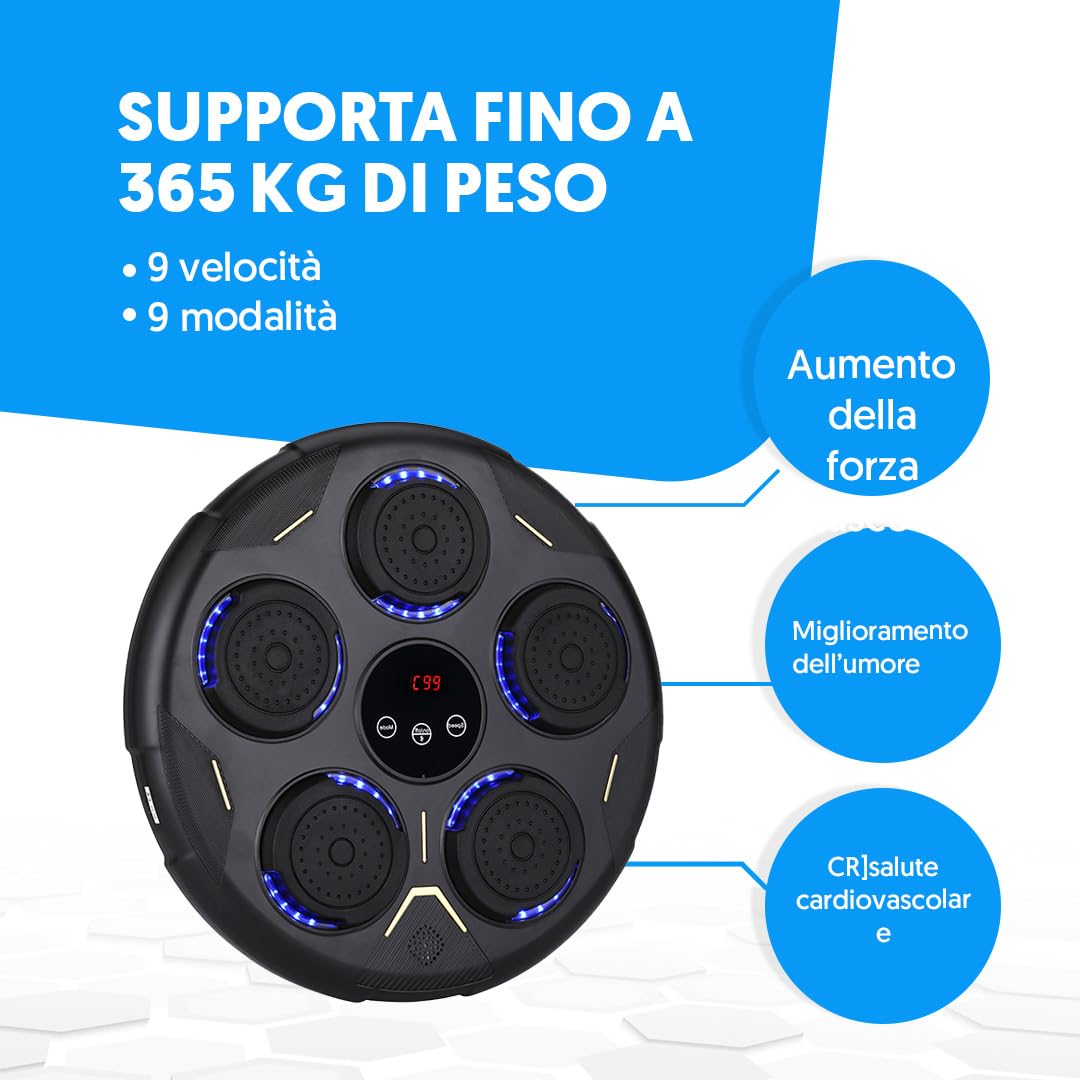 NK Music Boxing Machine da Parete Bluetooth - Boxe Musicale 9 Modalità di Allenamento e 9 Velocità, Altoparlante Potente, Schermo LCD e Illuminazione LED, Adatto per Adulti e Giovani (43 x 43 x 7,5cm)