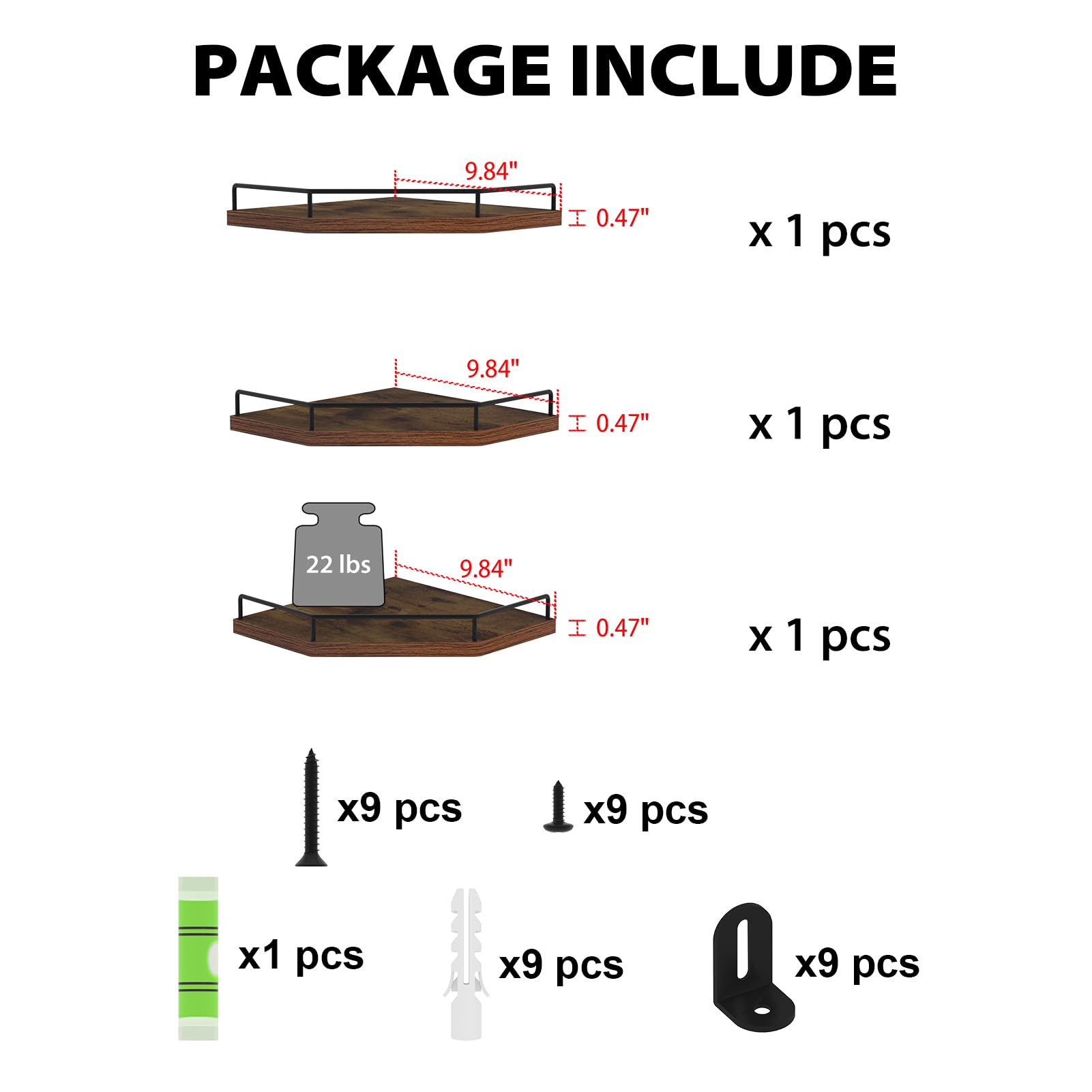 HORLIMER 3-Pack Floating Corner Shelves - Brown -3