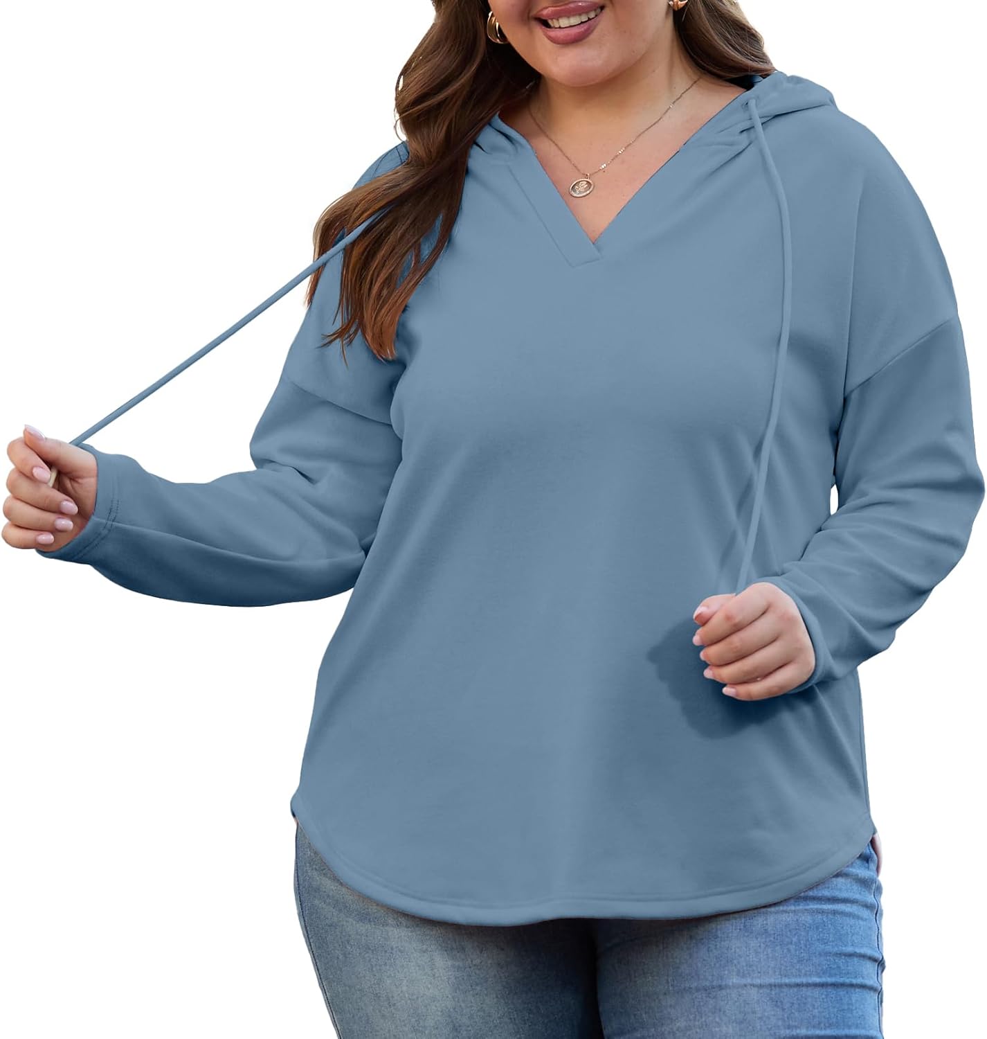 OLRIK Plus Size Hooded For Women V Neck Pullover Oversized Sweatshirts Long Sleeve Tops Loose Fit - Image 3
