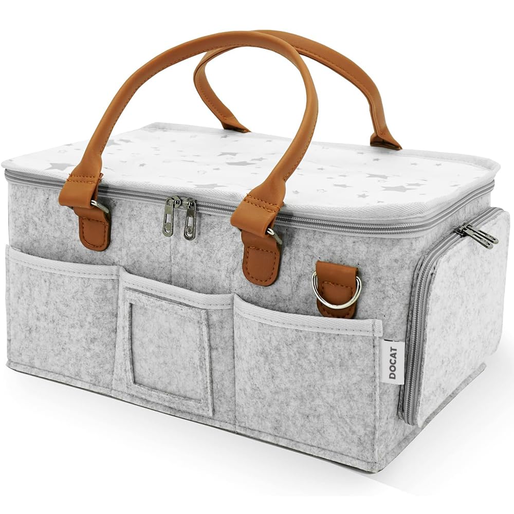 DOCAT Baby Diaper Bag, Cute Felt Diaper Caddy Organizer with Removable Shoulder Strap, Baby Basket Essentials for All Newborn Baby Products Nursery Basket (Grey)