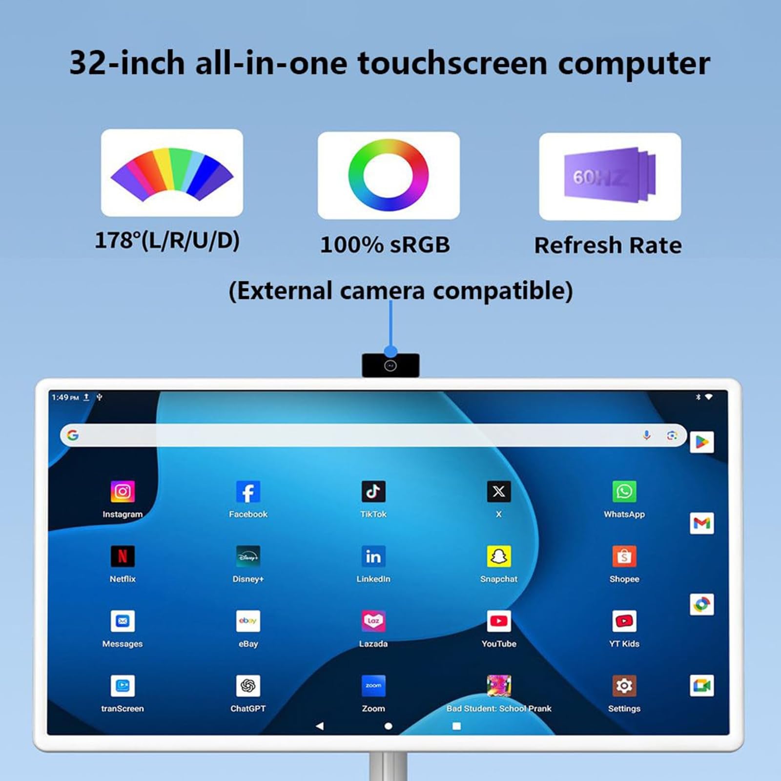 Schermo Smart TV Portatile Da 32'' (6+128 GB) Con Telecomando, Supporto TV Mobile Android 15.0, TV Mobile Wireless Su Ruote, Batteria Integrata, Rotazione Completa
