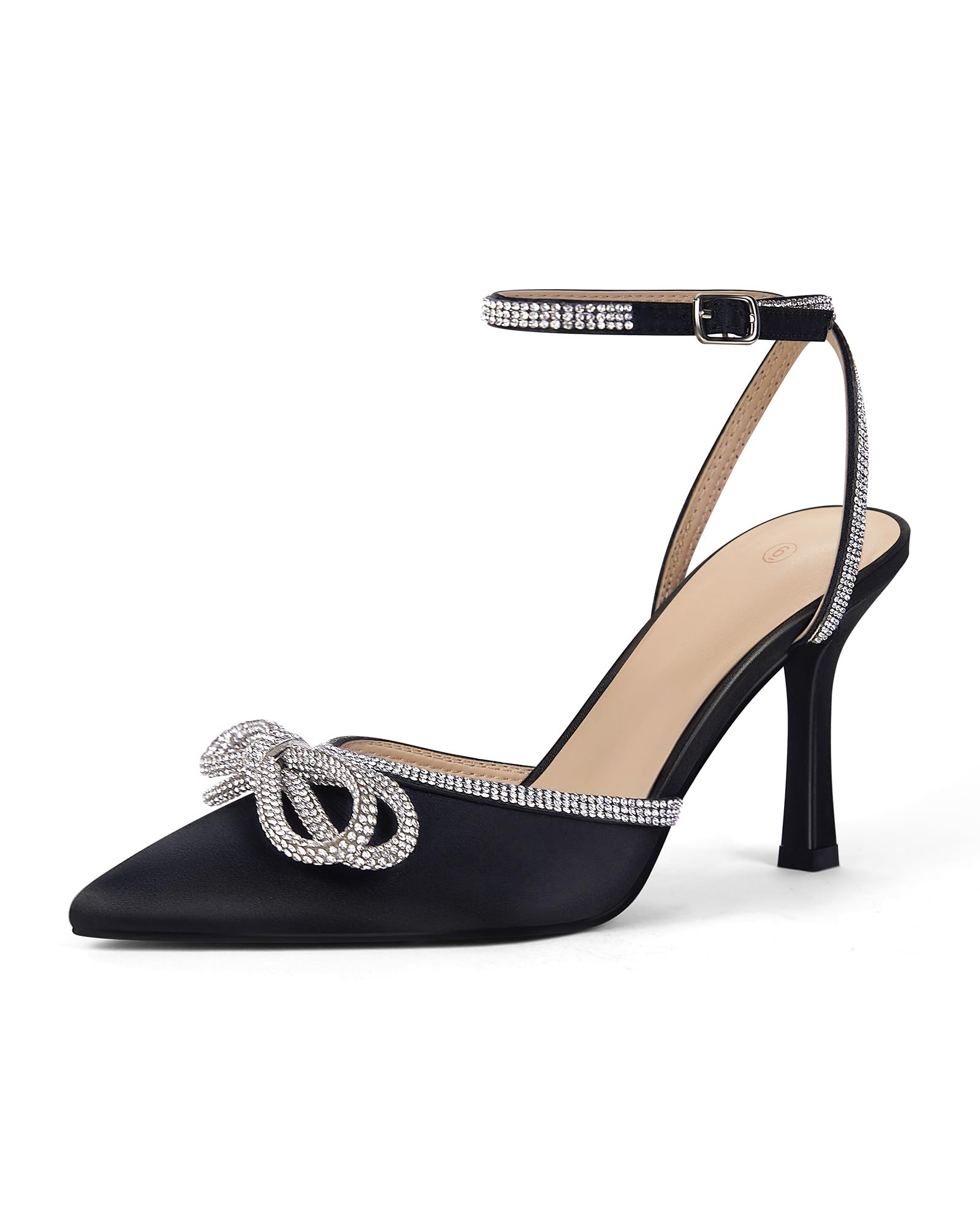 VETASTE Women's Double Bow Pointed Toe Ankle Strap Crystal Pumps Wedding Bridal Party Stilettos Backless Satin Heeled Sandals: 10 01-black