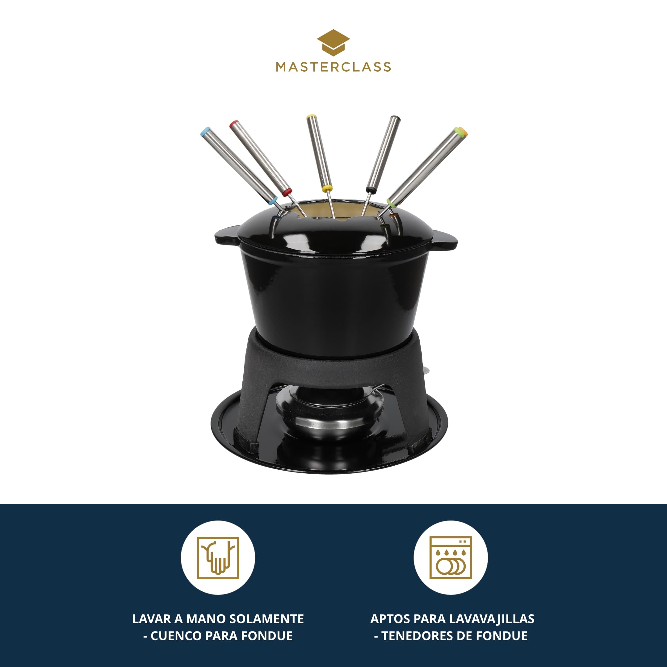 MasterClass Set de Fondue de Hierro Fundido para Chocolate, Queso, Carne, 21 x 18 cm, Negro