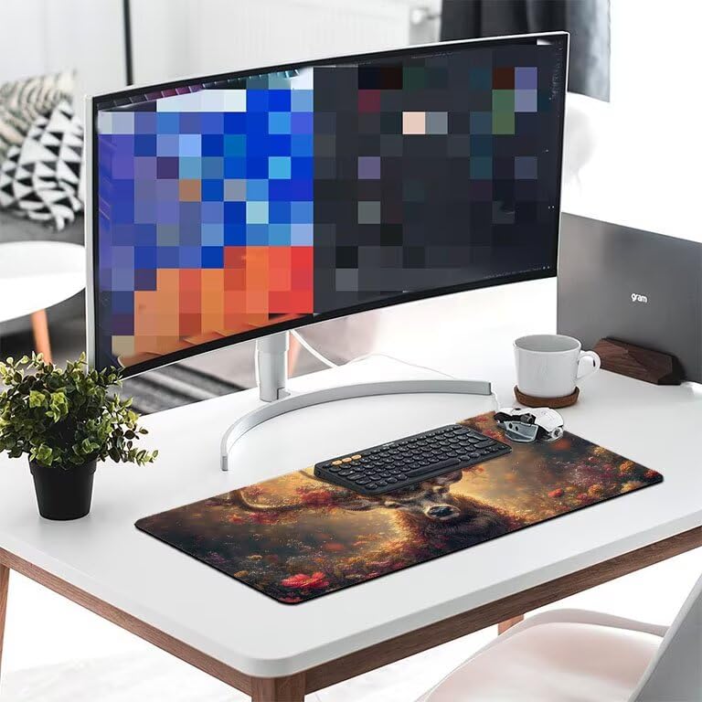 Tappetino Mouse Gaming XXL 1600 x 800 mm Tappetino Antiscivolo Sottomano Da Scrivania Per Mouse e Tastiera, Con Base In Gomma Antiscivolo, Lavabile, Mouse Pad foresta cervo, Regalo per Uomo L-843