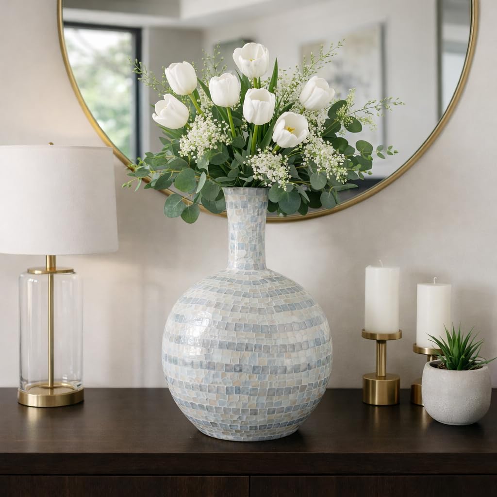 Modern Tall Sculptural Vase for Living Room Decor - Decorative Flower Vase Display for Home, Room, and Office - Modern House Vase Accent for Bedroom and Table Centerpiece Decor - 23", Blue & Ivory