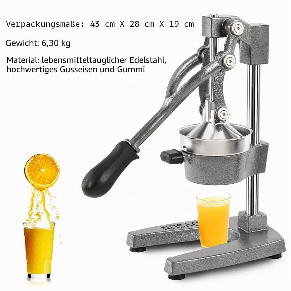 ROVSUN Saftpresse Manuell Edelstahl, Zitronenpresse Manuell, Entsafter Obstpresse, Zitruspresse, Apfelpresse, Orangenpresse 18x22x37 cm Grau