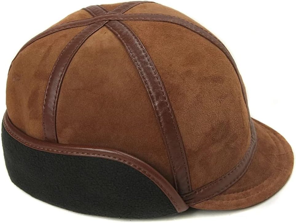 Soft Leather Short Brim Warm Bomber Hat Male Lightweight Suede Caps with Earmuffs Windproof Lined Melon Chapeau(D,XXL(60-61))