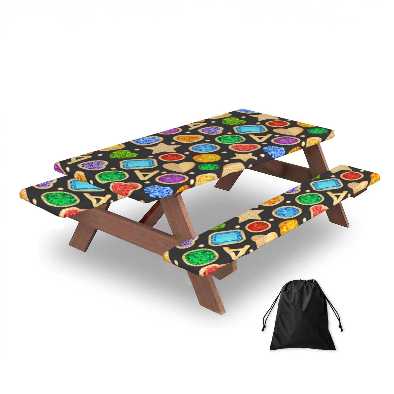 Dopklna As Picture Jewelry Gemstones Gold Fashion, Picnic Table Cover With Bench Covers -Waterproof Elastic Fitted Tablecloth For Garden Camping Patio 76X152cm