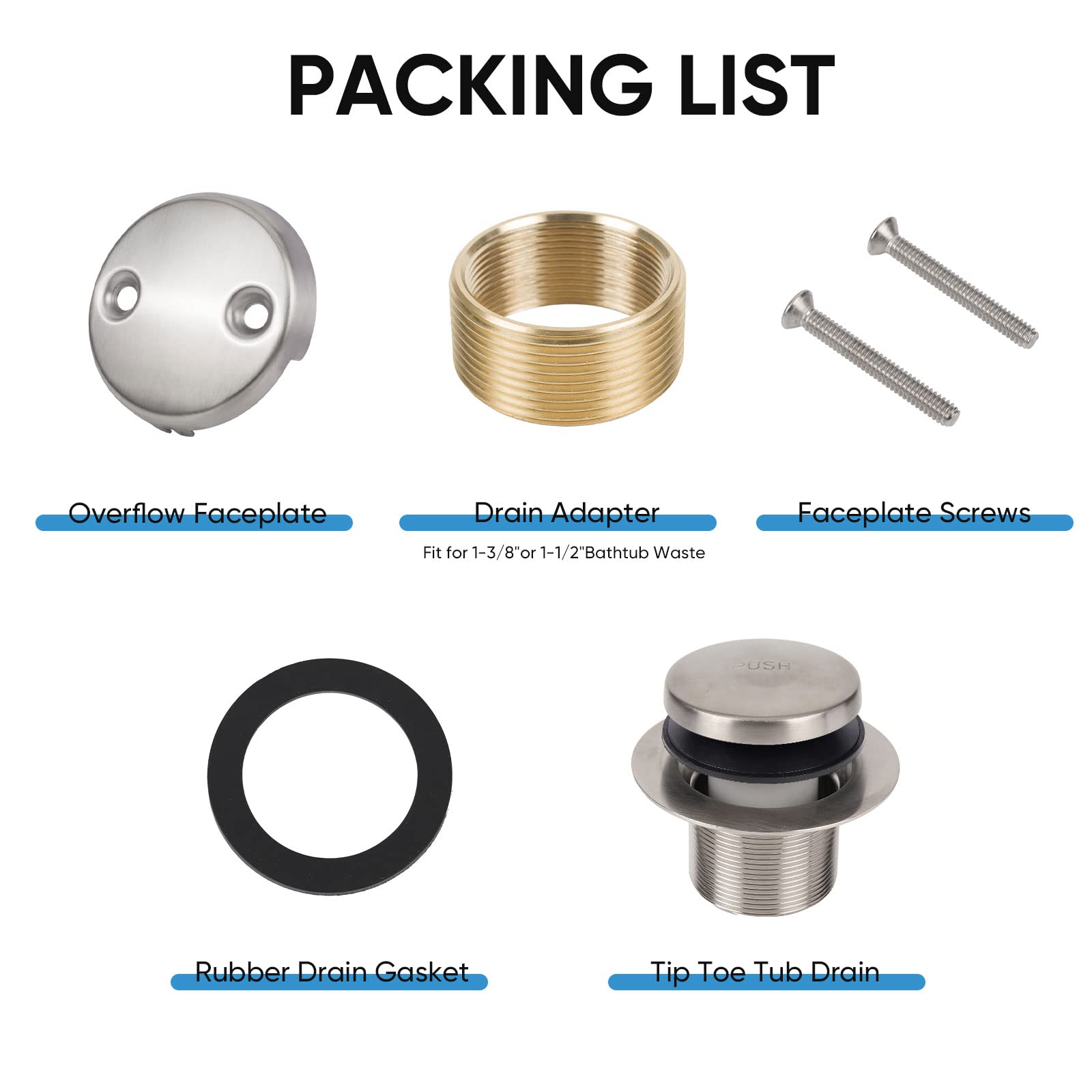Badewannen-Ablaufgarnitur aus gebürstetem Nickel, 2 Packungen, Umbausatz mit Zwei-Loch-Überlaufblenden, Minupwell Tip-Toe-Ersatz-Badewannen-Ablaufgarnitur mit universeller Fein-/Grobgewindemontage