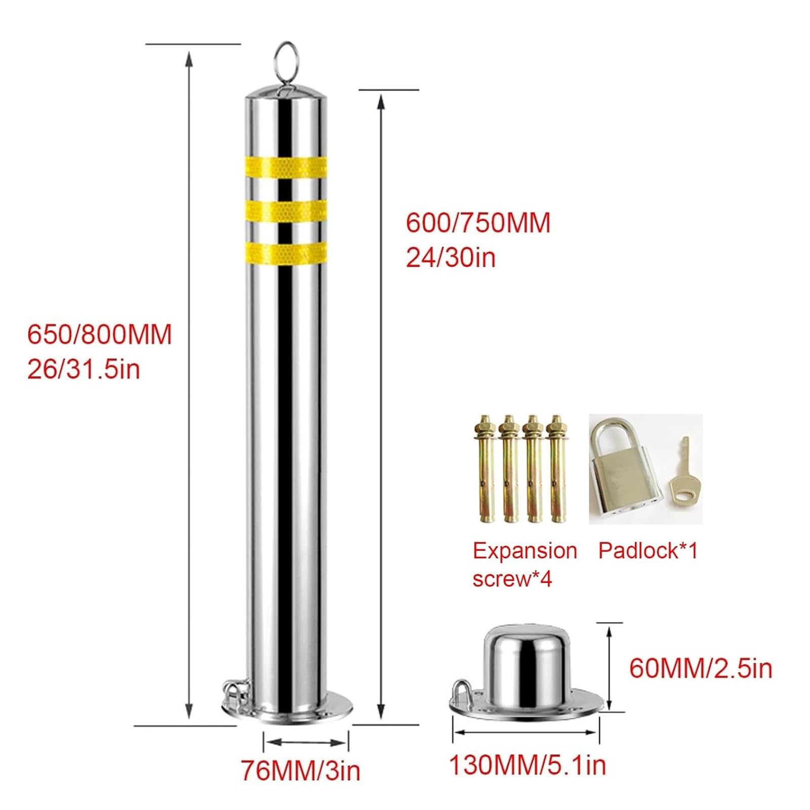 Generico Dissuasori di Sicurezza Rimovibili in Acciaio Inox - 2 Pezzi, 60 cm, Pali di bloccaggio anticollisione per parcheggio, vialetti, Garage e Aree di sosta.